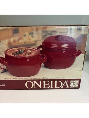 Oneida Kitchen Red Ceramic Crock with Lid & Side Handles Set of 2 New in Box
